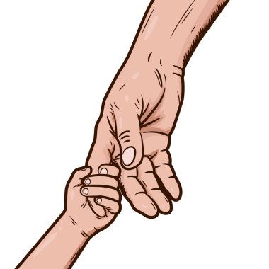 Bir çocuğun elini tutan bir yetişkinin resmi. Beyaz arka planda izole edilmiş.