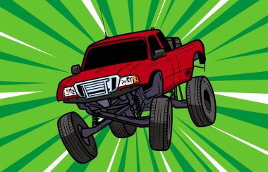 Havada uçan kocaman tekerlekleri olan kırmızı bir SUV tasviri