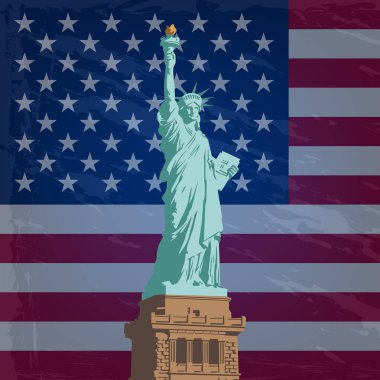 Amerikan bayrağının arka planına karşı Amerika Birleşik Devletleri Özgürlük Anıtı 'nın tasviri