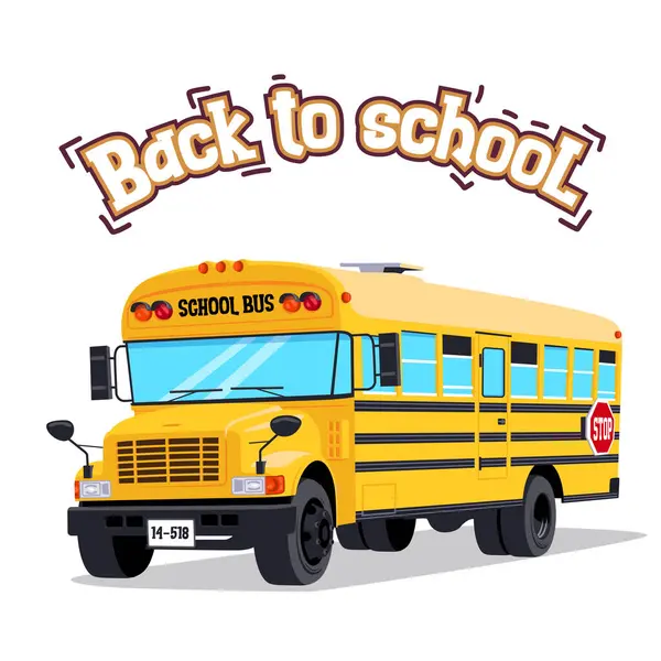 Çizgi film okul otobüsü ve başlık okula geri dönüyor. Beyaz arka planda izole edilmiş.