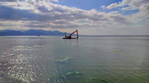 Excavadora Limpieza Residuos Plástico Basura Mar Playa — Vídeo de stock