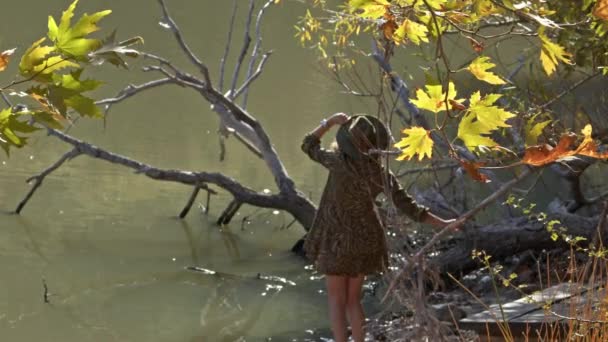 Mujer Con Sombrero Bailando Entre Hojas Amarillas Junto Lago Otoño — Vídeo de stock