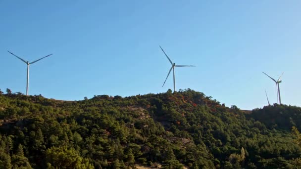 Ormandaki Rüzgar Elektrikli Türbinleri Sonbahar Çekimlerinde Bir Dağ Yamacında — Stok video