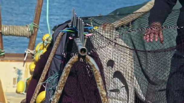 Starší Rybářské Ruce Opravy Rybářských Sítí Přístavu Záběry — Stock video