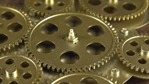 Golden Copper Cogs Wheel Gears Working Footage — Stock Video
