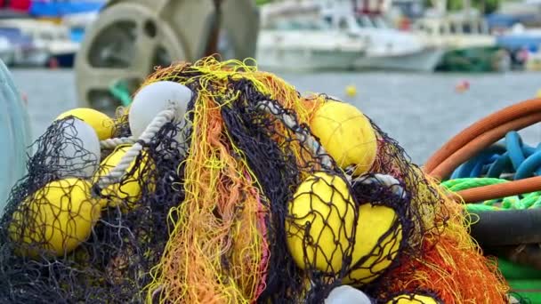 Close Fishing Nets Equipment Harbor — Αρχείο Βίντεο