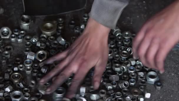 Mechanic Searching Mix Old Screw Nuts Repair Shop Footage — Stock Video