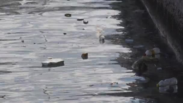 海景中的黑色塑料桶及垃圾污垢 — 图库视频影像