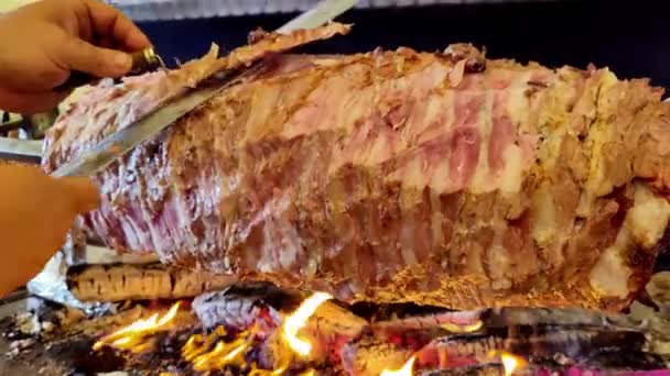 Traditional Turkish Street Flavor Lamb Meat Cag Kebab Doner Footage — Stock Video