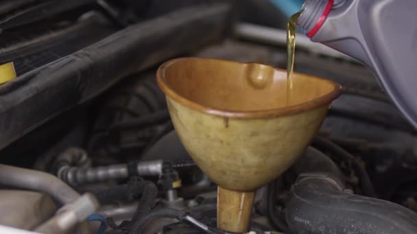 燃料の映像と車のエンジンにボトルから油を注ぐ — ストック動画