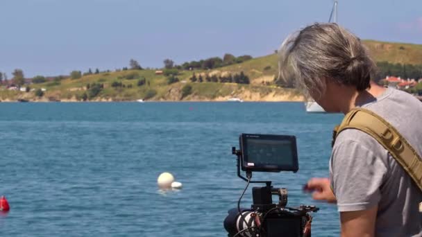 Sea Beach Harbor Und Sea Shooting Videographen Filmaufnahmen — Stockvideo