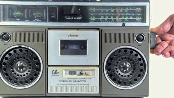 Old Stereo Radio Cassette Recorder Radio Channel Tuning Fingers Footage — стокове відео