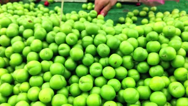 市場の映像で新しい収穫の緑の梅の山の販売 — ストック動画