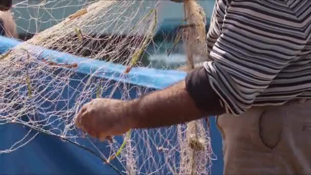 Starší Rybář Čištění Plodin Jejich Sítích Záběry — Stock video