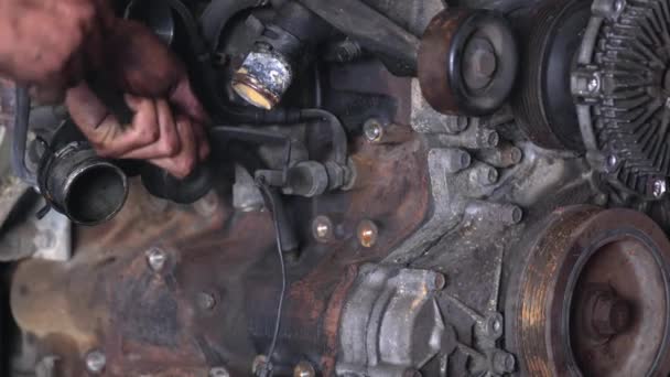 Auto Motor Reparaties Met Gereedschap Dienst Werkplaats Door Ambachtslieden Beelden — Stockvideo