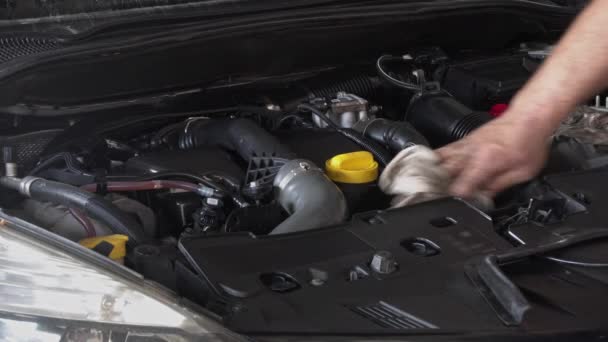 Cleaning Car Engine Panel Hand Cloth Footage — стоковое видео
