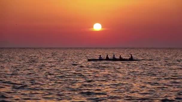 Dragon Sports Team Treinamento Oceano Sob Outono Red Sunset Sun — Vídeo de Stock