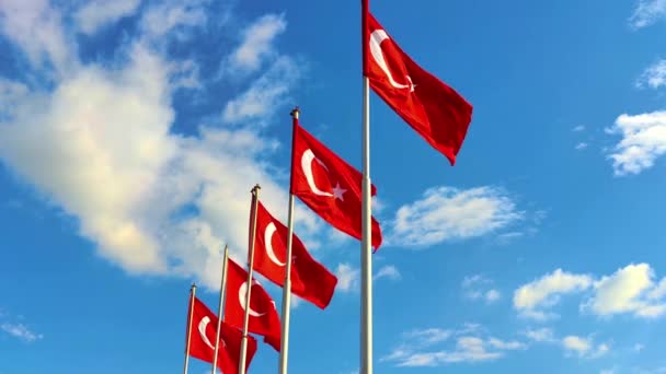 Τουρκική Εθνική Σημαία Κυματίζει Στο Σύννεφο Μπλε Ουρανό — Αρχείο Βίντεο