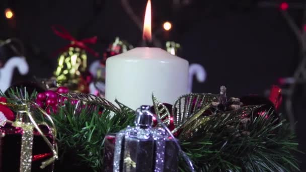 Pacotes Presentes Natal Vela Ardente Retorna Filmagem — Vídeo de Stock