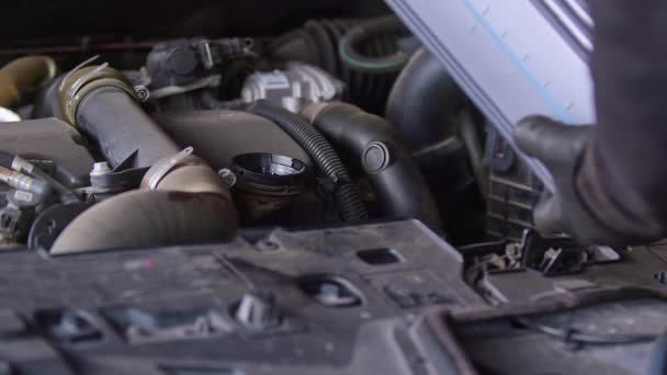 Служба Людина Вливається Автомобільний Двигун Касети — стокове відео