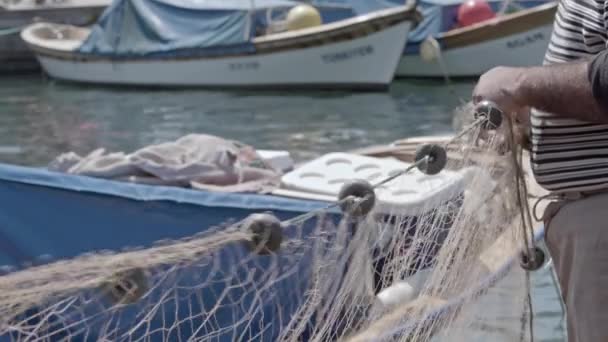 Organizar Redes Pesca Filmagem Praia Pescador — Vídeo de Stock