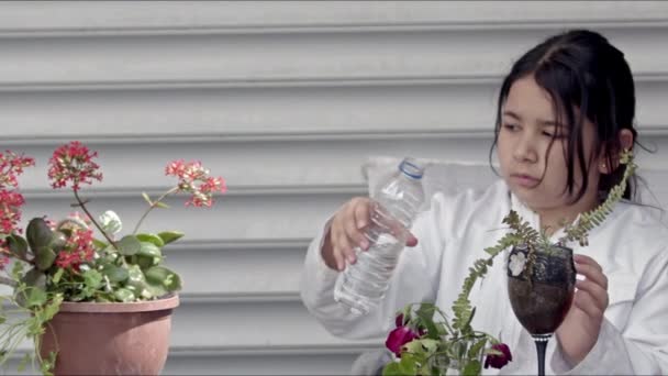 Little Girl Pours Water Cares Flowers Pots Footage — Stok Video