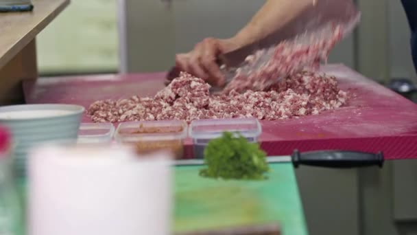 Shish Kebab Master Minces Lamb Meat Armor Knife Footage — 图库视频影像