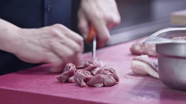 Cuoco Tagli Carne Con Coltello Cucina Prepara Filmati Alimentari — Video Stock
