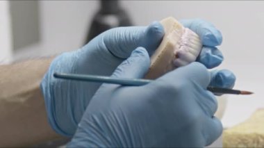 Dental Technician Paints Implant Zirconium Coating in Palate Color with Brush Footage.