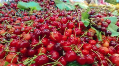 Market Stall 'daki Taze Yaz Kirazları Yığını.