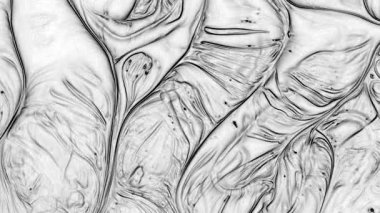 Bu stok video, yüzeyde yavaş çekimde yayılan siyah ve beyaz sıvı boya karışımının görsel efektler için organik bir arka plan olarak kullanılabilecek aşırı yakın çekim görüntülerini içerir..