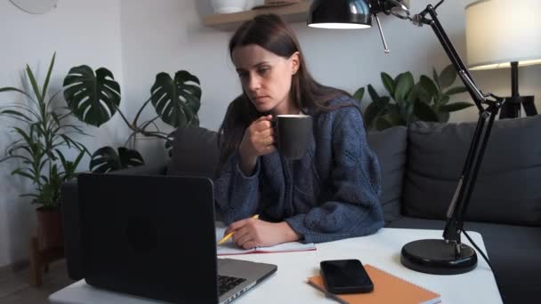 Εστιασμένη Νεαρή Γυναίκα 20S Κάθονται Ζεστό Καναπέ Κρατώντας Ζεστό Καφέ — Αρχείο Βίντεο