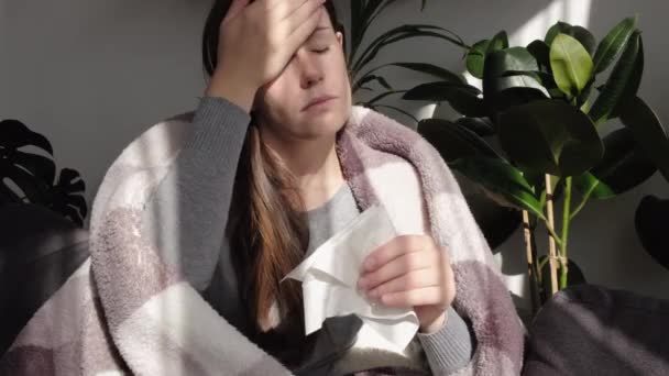 Close Ill Young Woman Blowing Running Nose Got Fever Caught — Stock Video