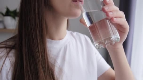 快乐迷人的水渴女人保持饮食营养瘦身保健自然平衡的概念 健康的年轻女子举杯饮用新鲜而透明的纯过滤矿泉水 — 图库视频影像