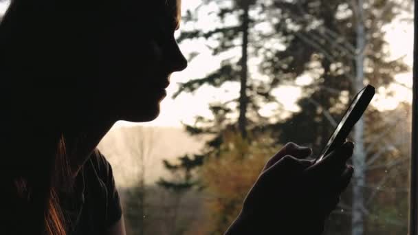 Silhouette Jeune Femme Assise Sur Rebord Fenêtre Tenant Son Téléphone — Video