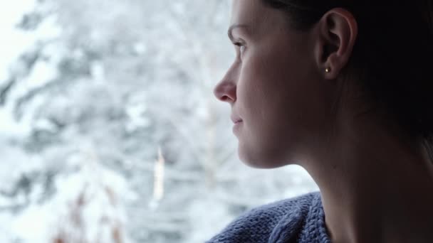 Close Portret Szczęśliwej Uroczej Młodej Kobiety Zimie Siedzi Przytulnym Parapecie — Wideo stockowe