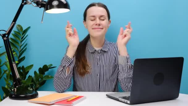 快乐成功的女员工坐在白色的写字台上 带着笔记本电脑等待特别的时刻 让手指交叉许愿 在工作室的蓝色背景墙上摆出孤身一人的姿势 业务概念 — 图库视频影像