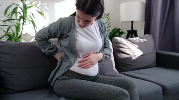 自宅で腰痛を持つ熟女さん 腰の痛みに苦しむ不幸な予期せぬ女性がソファに座っている 背中の下に関節がひずみを持つ3番目の妊娠中の女性 — ストック動画