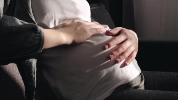 Close Caring Young Pregnant Woman Sit Sofa Stroking Big Belly — Stock videók