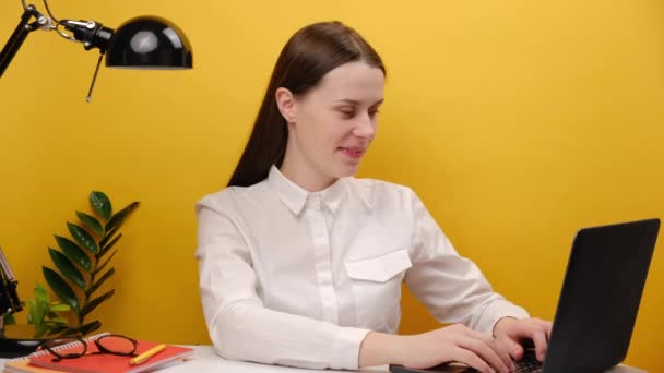 Smiling Successful Employee Business Woman Sit Work Office Desk Using — стоковое видео