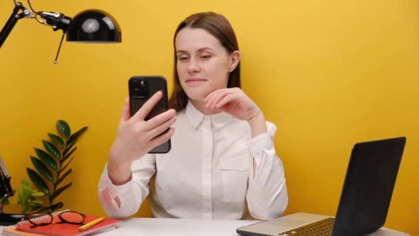 Happy Young Secretary Employee Woman White Shirt Sitting Work Office — Video