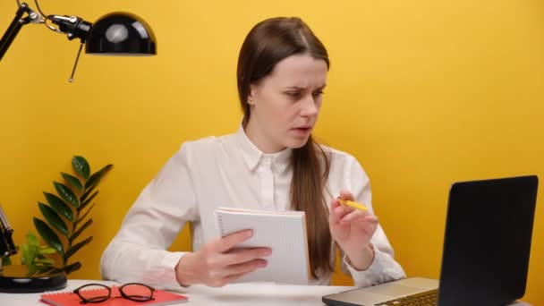 Bored Sad Young Disappointed Employee Business Woman Shirt Hold Notebook — Stock video