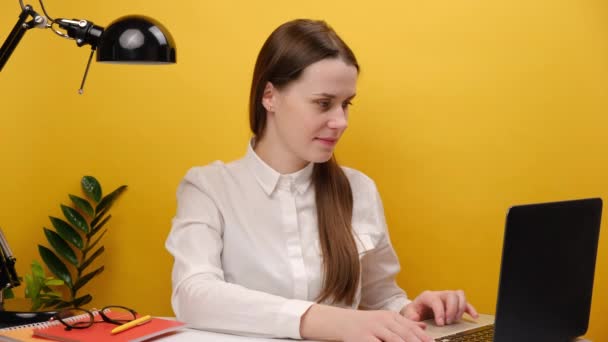 Cute Successful Employee Woman Sitting Work Office Desk Laptop Wait — стоковое видео