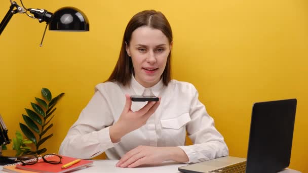 Portrait Happy Secretary Employee Young Businesswoman Sit Work Office Desk — стоковое видео
