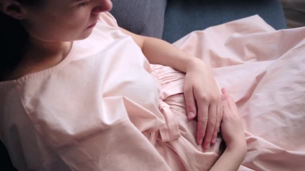Close Side View Pregnant Woman Sit Cozy Sofa Home Strokes — Videoclip de stoc