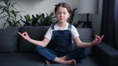 Sakin, güzel kız çocuğu yoga yapıyor, nefes egzersizi yapıyor, gözleri kapalı, Zen uyumu hissediyor. Olumlu, tatlı, sağlıklı, rahat, nilüfer çiçekli bir kız çocuğu rahat rahat koltukta oturup, evde meditasyon yapıyor.