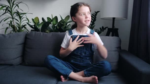 Small Blogger Girl Sitting Couch Alone Home Portrait Little Adorable — Video