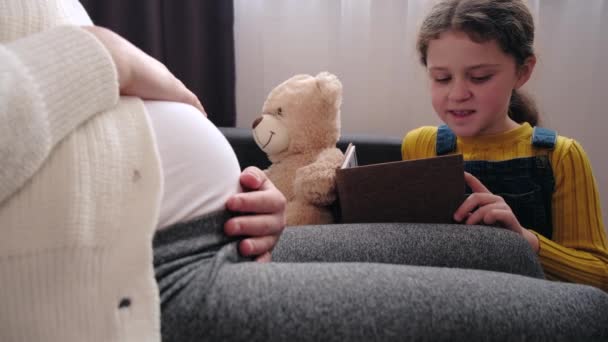 Close Happy Adorable Loving Little Daughter Kid Reading Book Young — Stockvideo