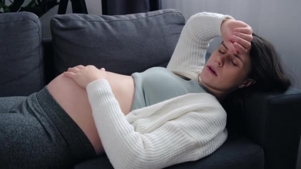 Feeling Fear Childbirth Concept Close Tired Young Pregnant Woman Suffering — Stockvideo