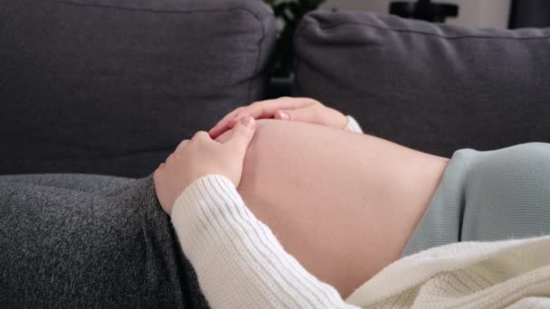 産前産後 生殖能力の概念 自宅で居心地の良いソファの上に横たわる若い妊娠の終わり彼女の腹は平静をお楽しみください 健康的な妊娠は一人でリラックス — ストック動画